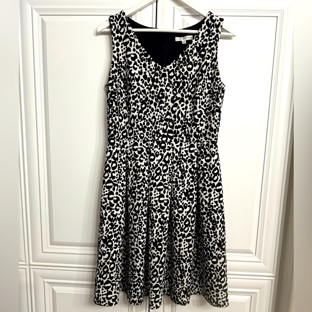 Sandra Darren Size 10 Sleeveless V-Neck Fit and Flare Dress in Black/White Print